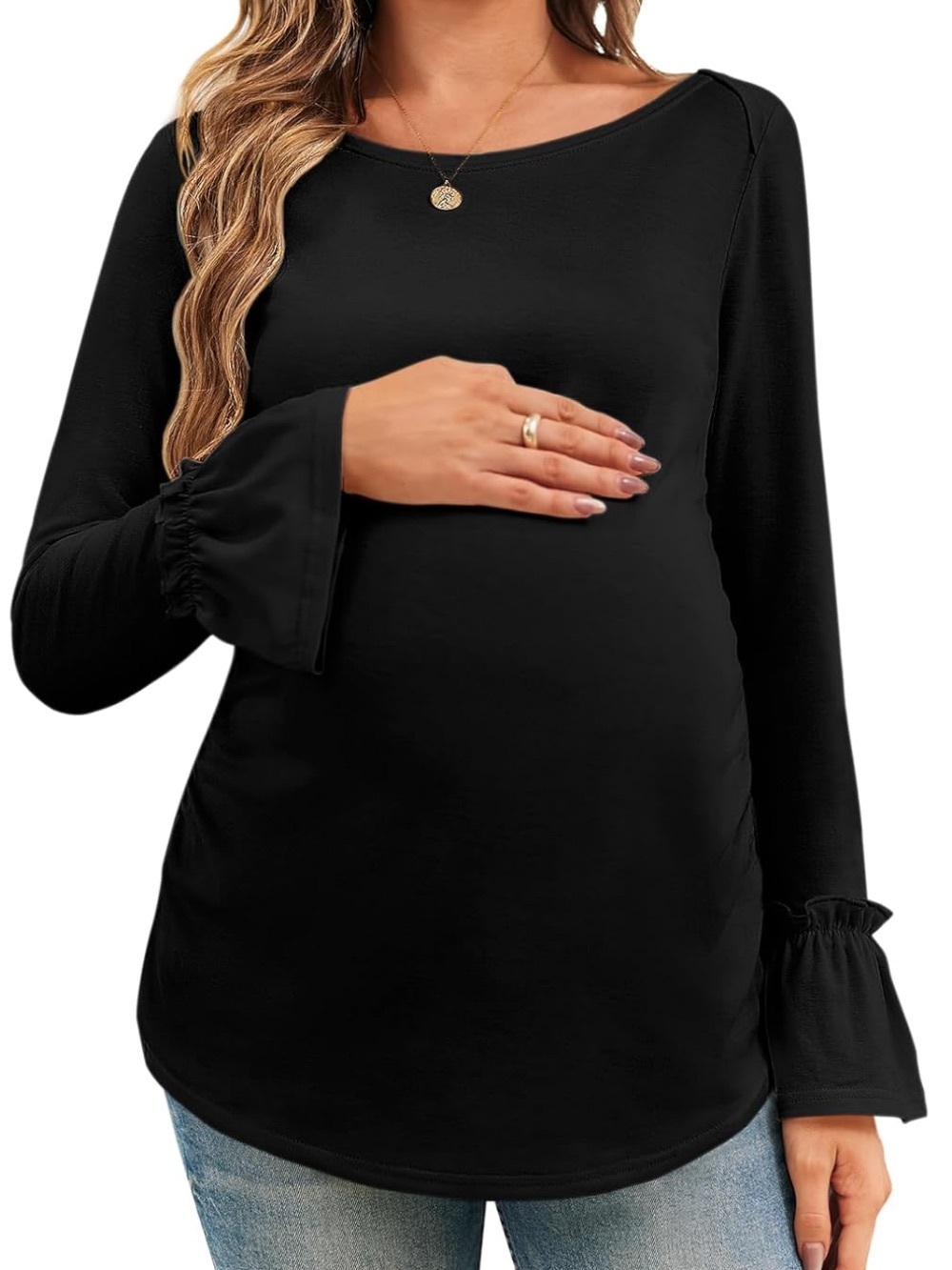 FMEYOA Women's Maternity Bell Sleeve Casual Boat Neck Top- Black. Size S